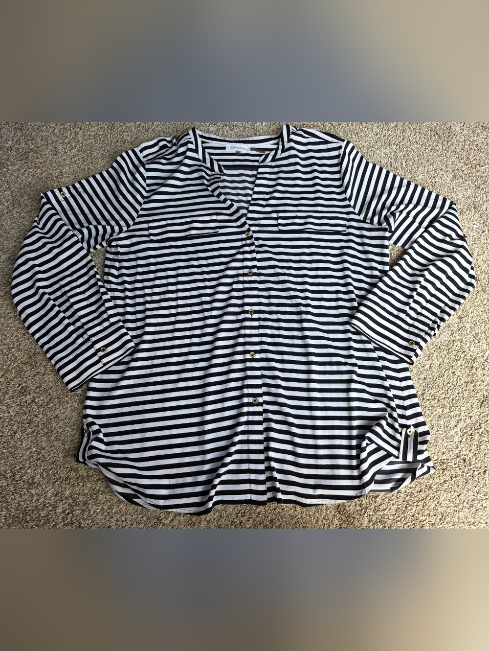 Calvin Klein Black and White Striped Button-Down Blouse